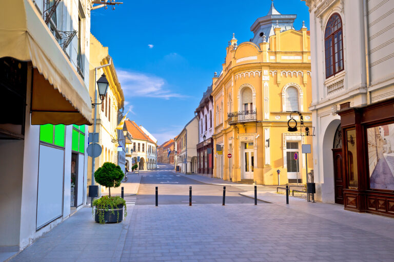 A charming European street scene featuring historic buildings with ornate facades, under a clear blue sky. The pedestrian-friendly area includes black bollards, potted greenery, and a mix of modern and classical architecture lining the narrow, sunlit street.