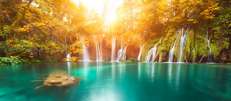 Plitvice Lakes National Park at sunset