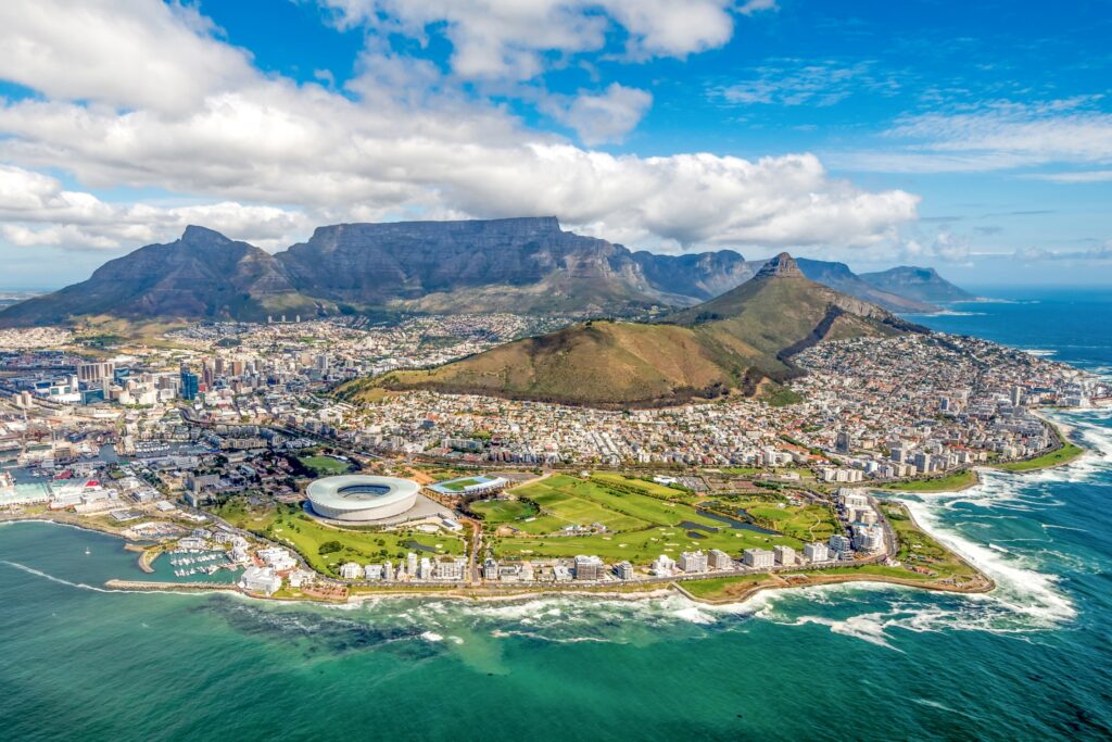 Aerial view of Table Mountain in Cape Town, South Africa.