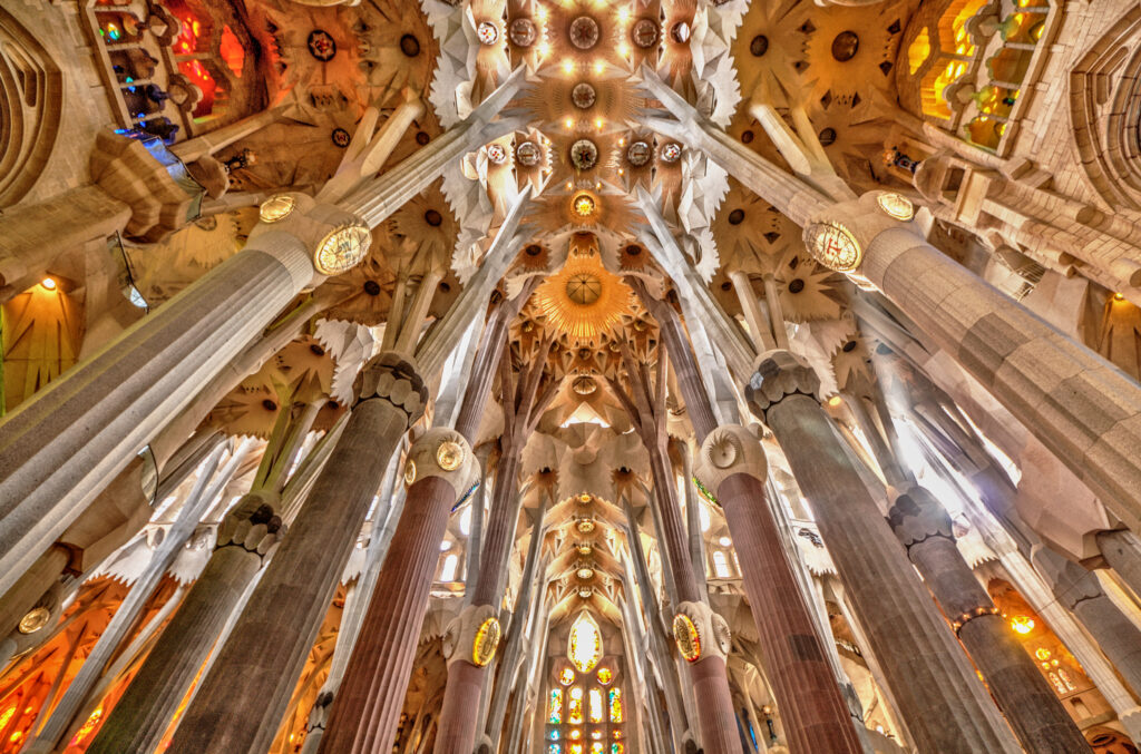 Picture of the interior of the Sagrada Familia Basilica in Spain. 