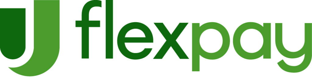 A green logo that reads "flex pay" in bold, lowercase letters. The "f" in "flexpay" is stylized with a vertical line and a curved line, forming a shape that resembles a combination of the letters "f" and "j.