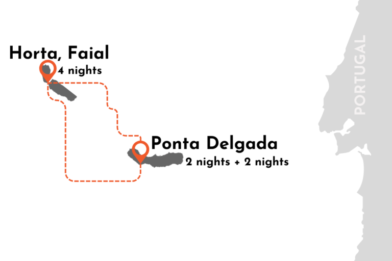 A map showcasing trip details in the Azores, Portugal. The route starts at Ponta Delgada, Sao Miguel, marked with a pin and labeled "2 nights + 2 nights", to Horta, Faial, marked with a pin and labeled "4 nights". Both locations are highlighted on separate islands.