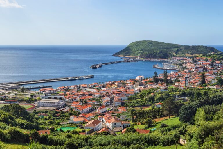 Panoramic view of a coastal town with red-roofed buildings surrounded by lush green landscape and trees, leading to a calm, blue harbor with a pier extending into the water. An island with verdant greenery is visible in the distance under a clear blue sky.