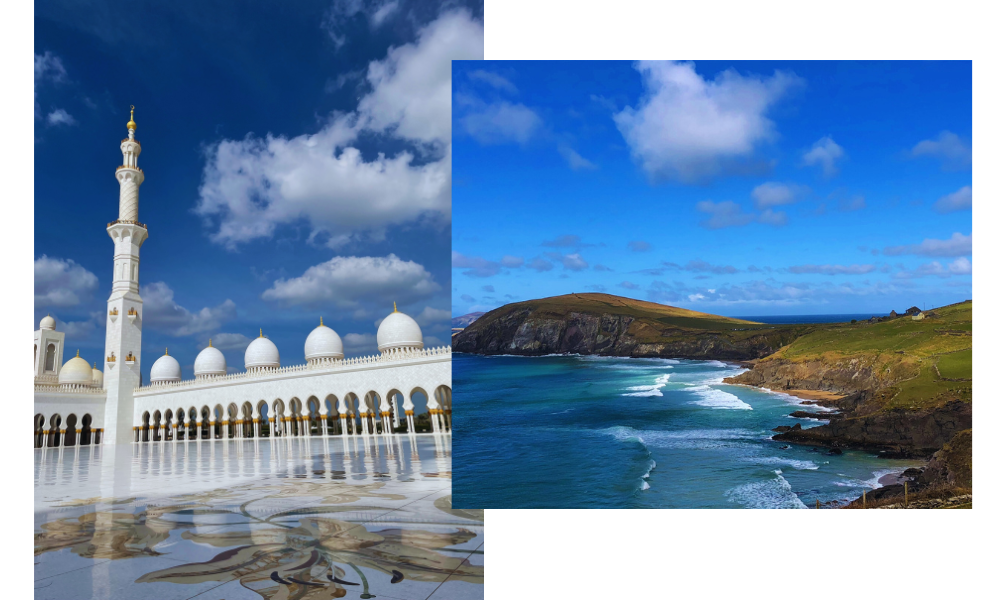 A collage of two images: on the left, a large mosque with white domes and a tall minaret against a blue sky; on the right, a coastal landscape reminiscent of famed wine regions, with rocky cliffs, rolling hills, and waves crashing on a beach under a bright blue sky.