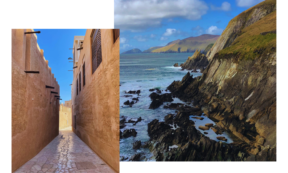 The image shows two scenes: on the left, a narrow, sunlit alleyway reminiscent of quaint wine regions with sandy-colored walls; on the right, a rugged coastline with rocky cliffs and waves crashing under a partly cloudy blue sky.