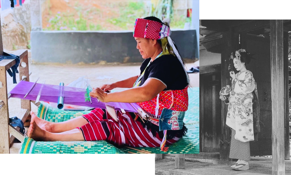 A woman sits weaving on a loom with purple fabric, her traditional attire echoing the vibrant colors of renowned wine regions. Beside her, a black-and-white photo captures a woman in historical clothing, holding an umbrella.