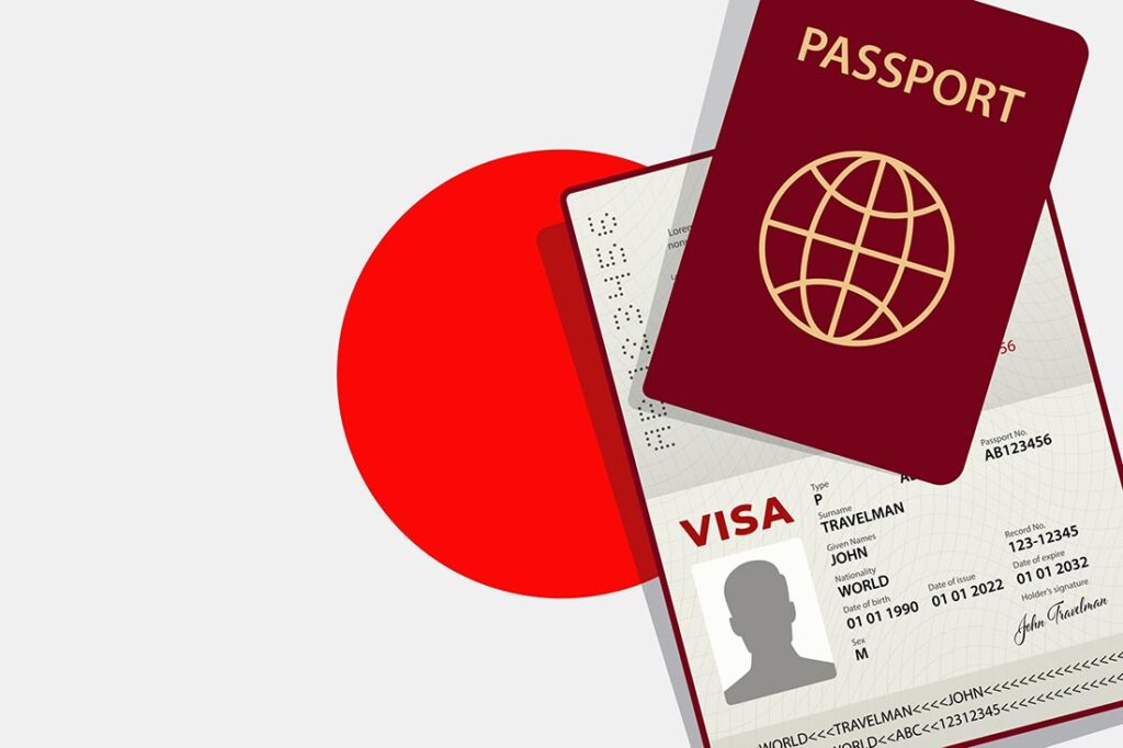 A closed passport is stacked over an open Visa, the flag of Japan is the background.