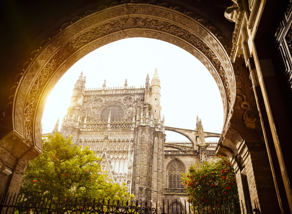 A view through an ornate stone archway reveals a stunning cathedral with intricate Gothic architecture. Sunlight illuminates the scene, casting a warm glow that deals an enchanting touch. Lush green trees with red flowers frame the image, enhancing the historic ambiance.