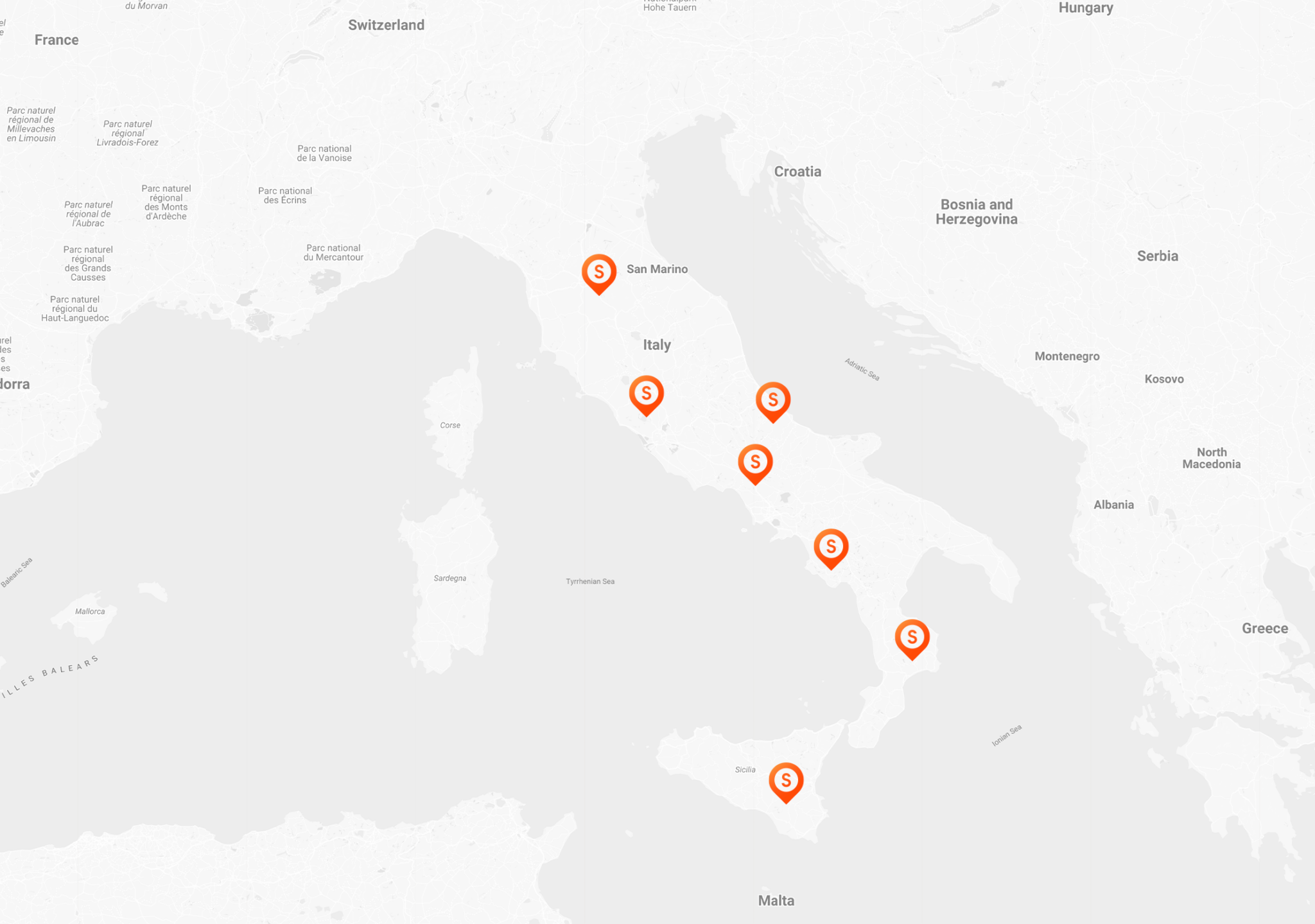 A monochrome map of Southern Europe highlighting six locations in Italy and neighboring regions, marked with orange map pins. Countries like France, Switzerland, Croatia, Bosnia and Herzegovina, and Greece are partially visible.